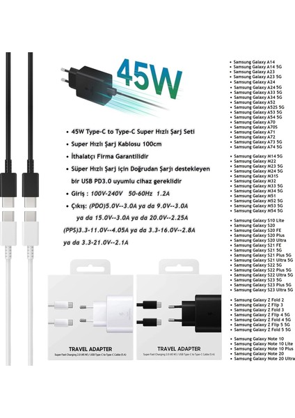 Samsung Galaxy Uyumlu 45W Type-C to Type-C Super Hızlı Şarj Aleti Seti-İthalatçı Garantili