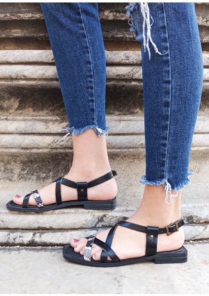 Hakiki Deri Siyah 3 Bantlı Kadın Sandalet fiyatları