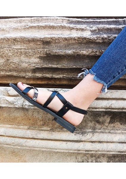Hakiki Deri Siyah 3 Bantlı Kadın Sandalet modelleri