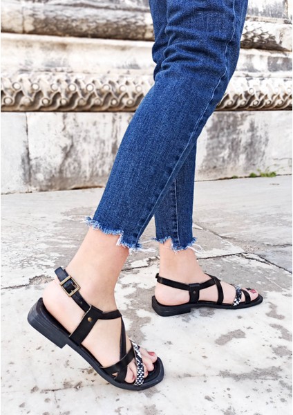 Hakiki Deri Siyah 3 Bantlı Kadın Sandalet indirimleri