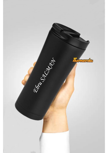 Kişiye Özel Isim Baskılı 500 ml Siyah Termos, Paslanmaz Çelik Termos, Çay ve Kahve Araç Termos