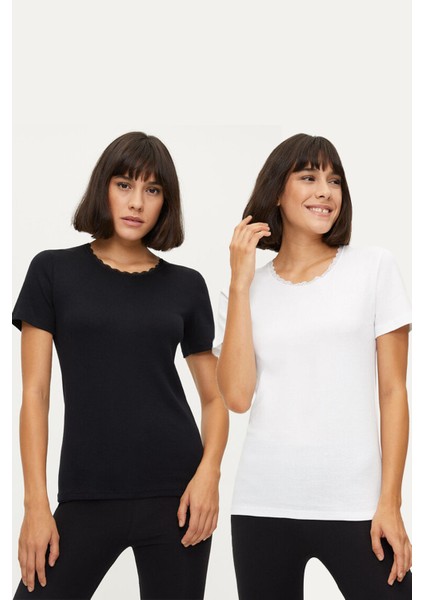 1032 Pamuk Dantelli 2li Kadın Fanila Tişört