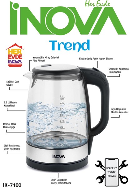 Trend IK-7100 2.2 Litre Cam Işıklı Kettle