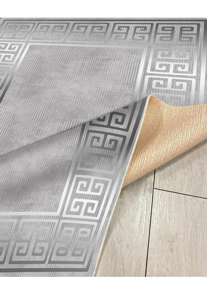 Gri Çerçeve Detay Dijital Baskı Salon Halısı Yıkanabilir Kaymaz Taban Halı Yolluk