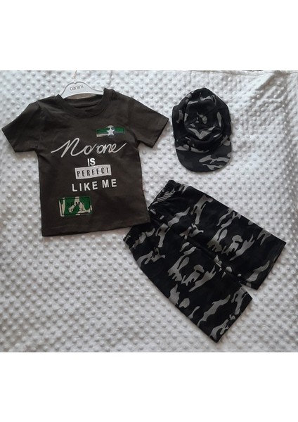 Haki Yeşil Baskılıt-Shirt'li, Şortlu ve Şapkalı 3'lü Takım