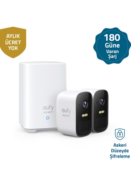 Security Eufycam 2C Kablosuz Akıllı Güvenlik ve 1080p Kamera Sistemi 2 Kamera 1 Ana Ünite Kiti - Apple HomeKit Uyumlu T8831