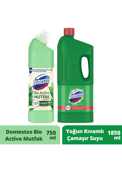 Çamaşır Suyu Bio Active Mutfak Maksimum Hijyen 750 ml + Domestos Çam Ferahlığı 1850ML