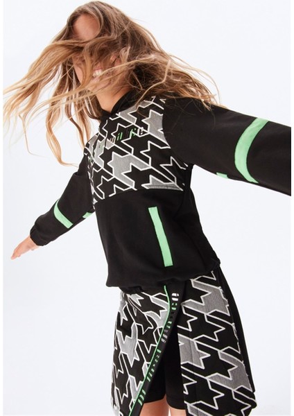 Kız Çocuk Mevsimlik Pamuklu Kazayağı Desenli, Kapüşonlu Sweatshirt