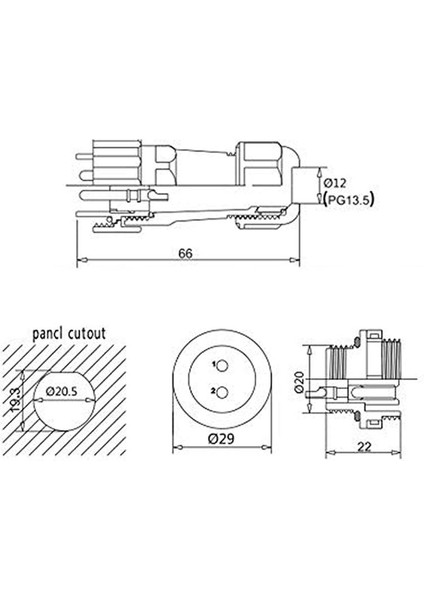 SD20 5 Pin 20MM Su Geçirmez Konnektör Takımı - Panel Tipi
