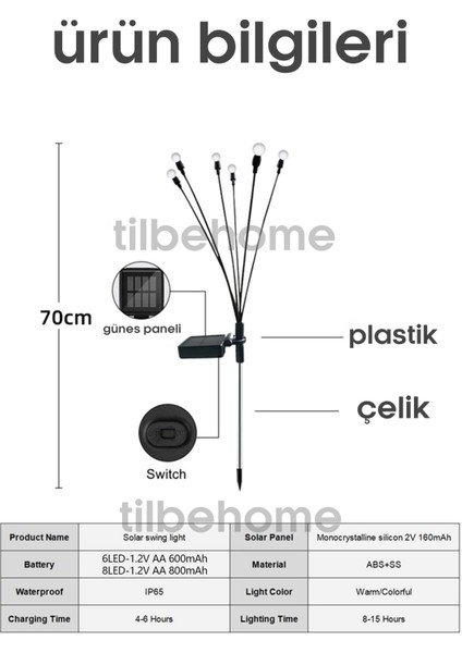 Tilbe Home 6 Ledli Solar Bahçe Işıkları Renkli Dış Mekan Peyzaj 2 Modlu Bahçe Çiti Güneş Enerjili Süs Lambalar