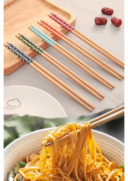 Tilbe Home 20 Çift Bambu Chopstick Desenli Yıkanabilir Kore Çin Yemek Çubuğu El Yapımı Doğal Ahşap Sushi Çubuk