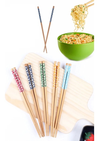 Tilbe Home 20 Çift Bambu Chopstick Desenli Yıkanabilir Kore Çin Yemek Çubuğu El Yapımı Doğal Ahşap Sushi Çubuk