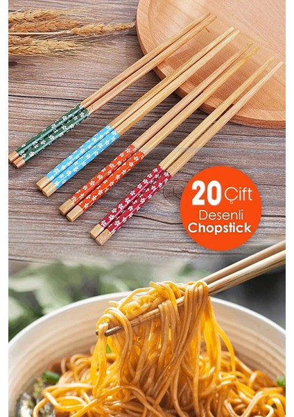 Tilbe Home 20 Çift Bambu Chopstick Desenli Yıkanabilir Kore Çin Yemek Çubuğu El Yapımı Doğal Ahşap Sushi Çubuk