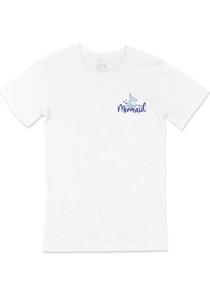 Mermaid Cep Tasarım Baskılı Beyaz Tişört