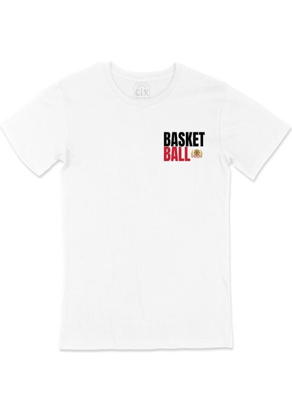 Basketbol Topu Cep Tasarım Baskılı Beyaz Tişört