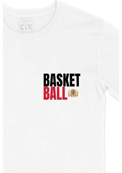 Basketbol Topu Cep Tasarım Baskılı Beyaz Tişört