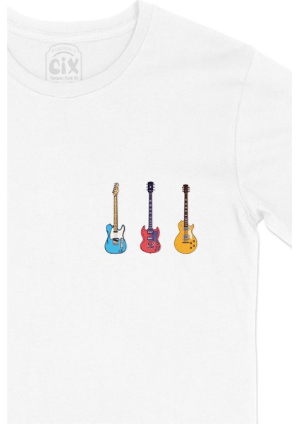 Rock Gitar Tasarımlı Cep Tasarım Baskılı Beyaz Tişört fiyatları