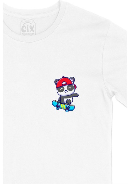 Kaykaylı Panda Cep Tasarım Baskılı Beyaz Tişört fiyatları