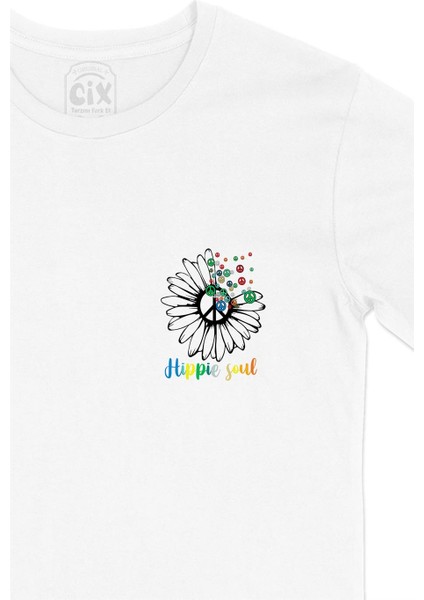 Hippi Papatya Cep Tasarım Baskılı Beyaz Tişört fiyatları