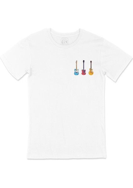 Rock Gitar Tasarımlı Cep Tasarım Baskılı Beyaz Tişört