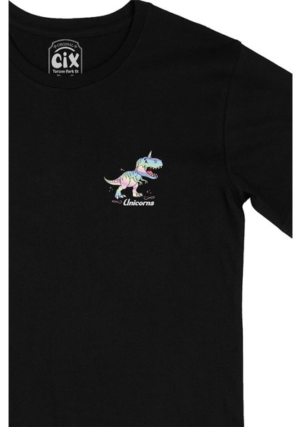 Unicorn Dinozor Cep Tasarım Baskılı Siyah Tişört