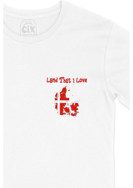 Land That I Love Danimarka Cep Tasarım Baskılı Beyaz Tişört