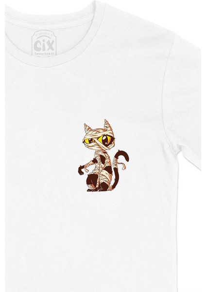 Yaralı Mumya Kedi Cep Tasarım Baskılı Beyaz Tişört fiyatları
