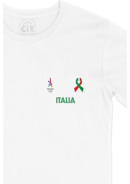 Paris 2024 Yaz Olimpiyatları Italya Cep Tasarım Baskılı Beyaz Tişört