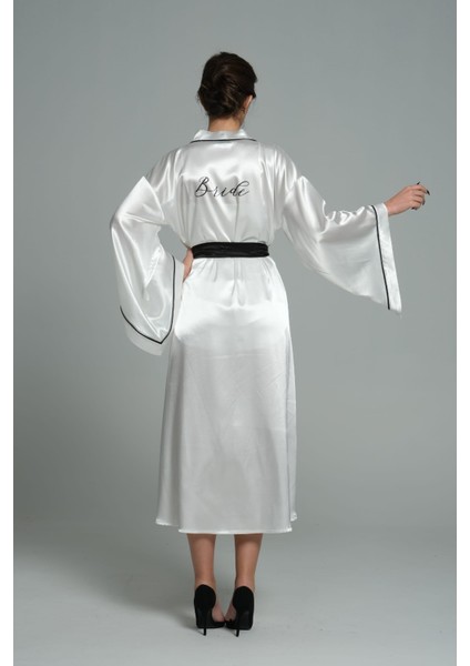 Beyaz Uzun Saten Yarasa Kol Bride Kimono, Bride Sabahlık modelleri
