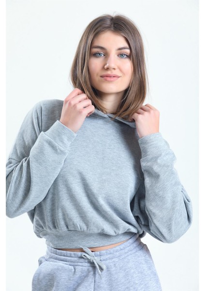 Gri Melanj Kapüşonlu Crop Sweatshirt