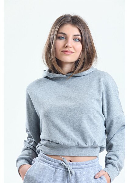 Gri Melanj Kapüşonlu Crop Sweatshirt