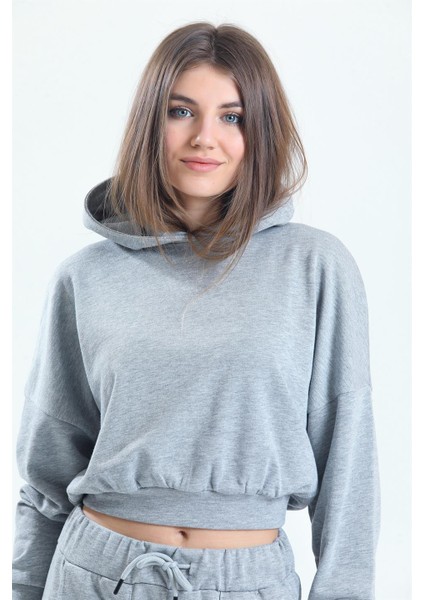 Gri Melanj Kapüşonlu Crop Sweatshirt