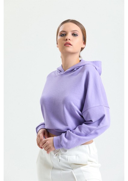 Lila Kapüşonlu Crop Sweatshirt