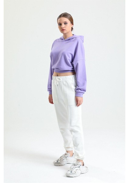 Lila Kapüşonlu Crop Sweatshirt