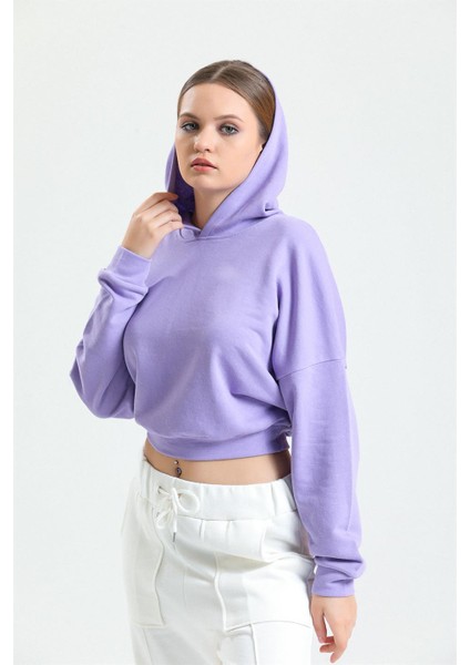 Lila Kapüşonlu Crop Sweatshirt