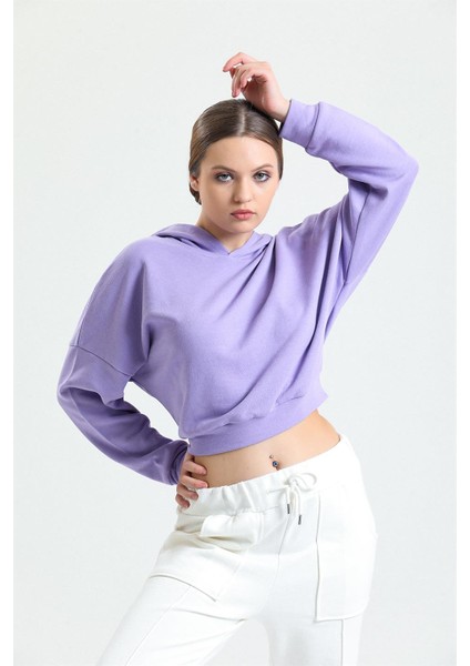 Lila Kapüşonlu Crop Sweatshirt