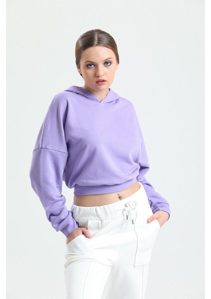 Lila Kapüşonlu Crop Sweatshirt