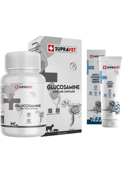 Suptavet Glucosamine Kedi ve Köpek Eklem Sağlığı Güçlendirici Glukozamin Tablet + Yetişkin Köpekler Için Vitamin Malt Macun 30 gr