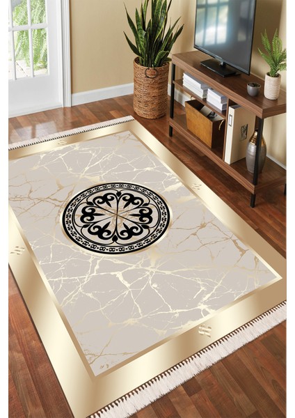 Gold Motifli Dijital Baskı Salon Halısı Yıkanabilir Kaymaz Taban Halı Yolluk