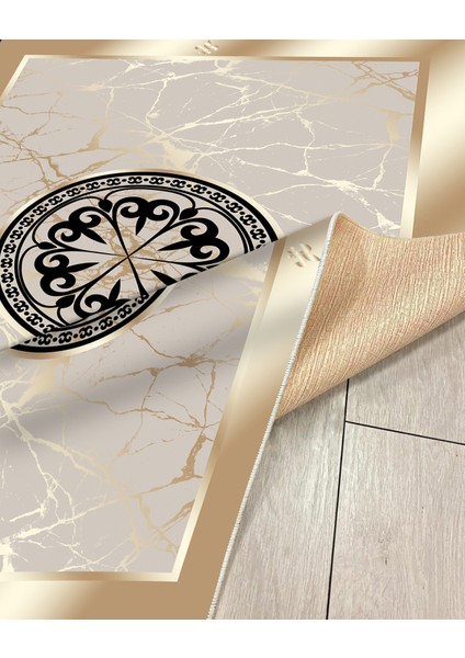 Gold Motifli Dijital Baskı Salon Halısı Yıkanabilir Kaymaz Taban Halı Yolluk