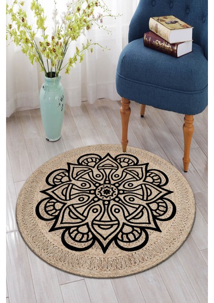 Mandala Desen Yuvarlak Halı Kolay Temizlenebilen Dijital Baskı Deri Kaymaz Tabanlı Halı