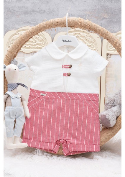 Yakalı Çizgili Bayramlık Bebek Unisex Tulum Kırmızı 12099