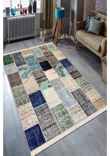 Renkli Patchwork Tasarım Halı Yolluk Kaymaz Taban Makinada Yıkanabilir Dijital Baskı Halı