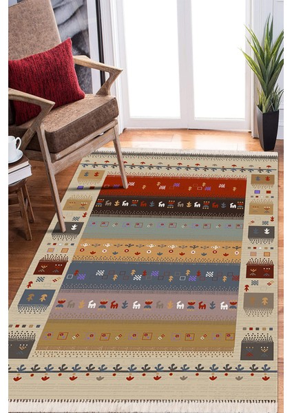 Dekoratif Kilim Motifli Halı Yolluk Kolay Temizlenebilen Deri Kaymaz Tabanlı Halı