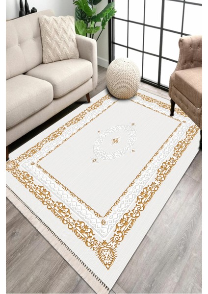Klasik Modern Gold Detaylı Halı Yolluk Kolay Temizlenebilen Deri Kaymaz Tabanlı Halı