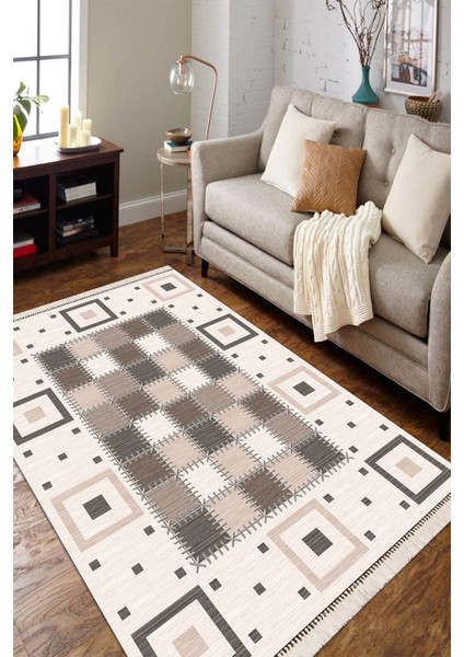 Patchwork Detaylı Vizon Rengi Püsküllü Dijital Baskı Kaymaz Taban Yıkanabilir Antialerjik Halı