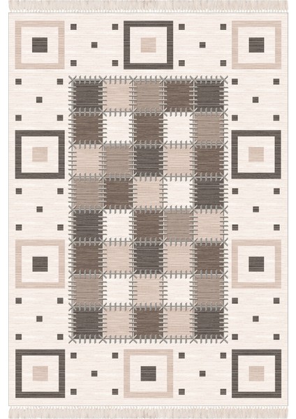 Patchwork Detaylı Vizon Rengi Püsküllü Dijital Baskı Kaymaz Taban Yıkanabilir Antialerjik Halı