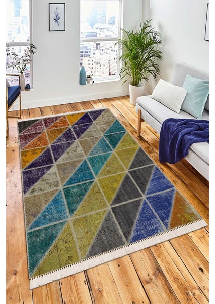 Renkli Patchwork Tasarım Halı Yolluk Kaymaz Taban Makinada Yıkanabilir Dijital Baskı Halı