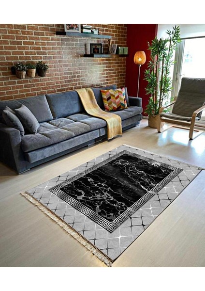 Çerçeve Detay Gri Dijital Baskı Salon Halısı Yıkanabilir Kaymaz Taban Halı Yolluk