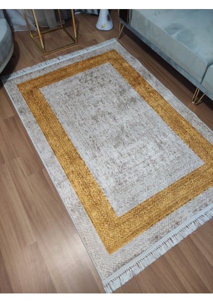 Çerçeve Detaylı Dijital Hasır Baskı Halı Yıkanabilir Kaymaz Taban Halı Yolluk